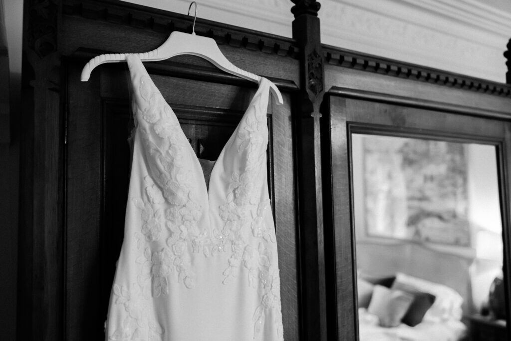 Wedding dress hung on wardrobe at Wyresdale Park